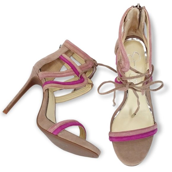 Jessica Simpson Shoes - NEW Jessica Simpson Rensa Stiletto Heels Sandals Size 7.5M Taupe Purple Suede